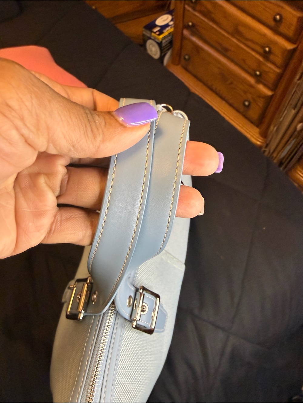 Coach Hamptons Vintage Canvas & Leather Tote Bag Y2K Baby Blue Zip Top #1842 - Picture 4 of 16